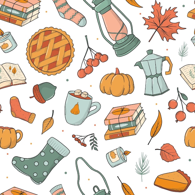 Autumn cozy seamless pattern with cute doodles for prints textile wallpaper digital backgrounds