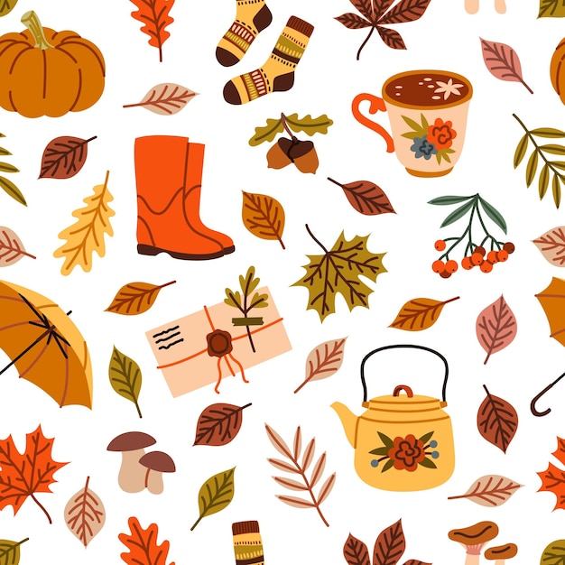 Autumn elements seamless pattern Cartoon yellow leaves warm accessories cozy mood print rainy season objects hot beverages Decor textile wrapping paper Tidy vector background