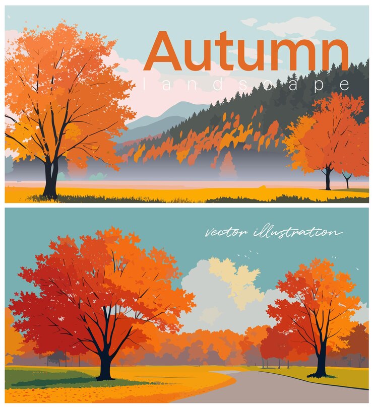 Autumn landscape set vector illustrations Panoramic orientation Minimalistic flat colors