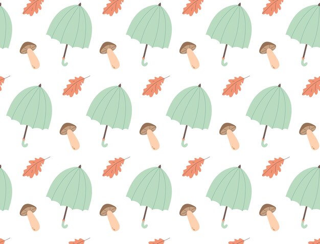 Autumn pattern with umbrella leaves and mushrooms Seamless pattern