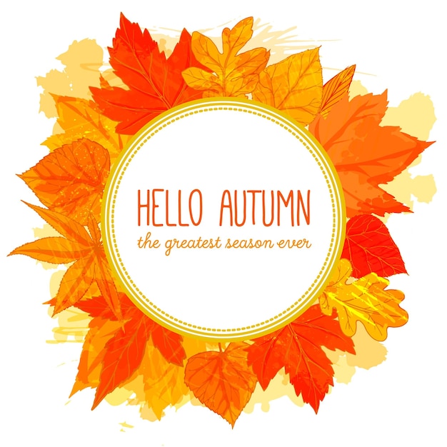 Autumn round frame hand drawn golden leaves Hello autumn banner Fall design for advertisement