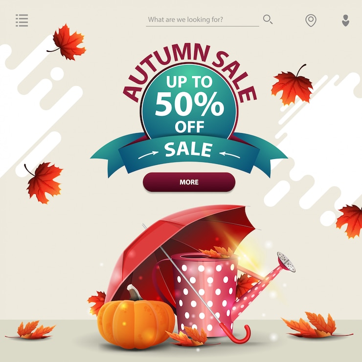 Vector autumn sale, a template for your website in a minimalist light style with garden watering can, 