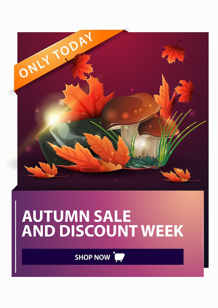 Vector autumn sale, discount vertical web banner with mushrooms and autumn leaves