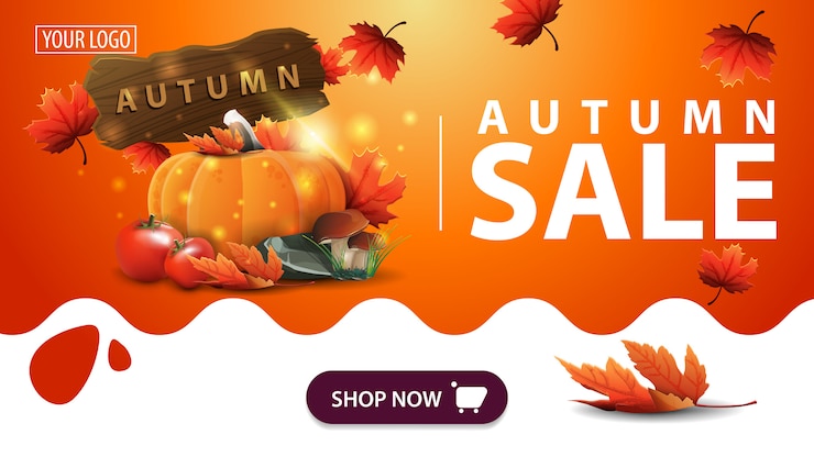 Vector autumn sale, orange banner with harvest of vegetables and a wooden sign