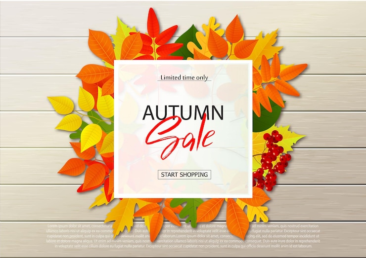 Vector autumn sale poster with fall leaves on wooden backgrounds vector illustration for website and mobile website banners posters email and newsletter designs ads coupons promotional material