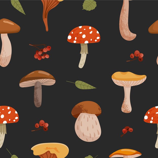 autumn seamless pattern with various mushrooms rowan and leaves