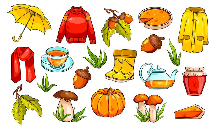 Autumn set. Large collection of autumn items. Pumpkin, tea, raincoat, scarf, boots, mushrooms, acorns in cartoon style. Vector illustration for design and decoration.