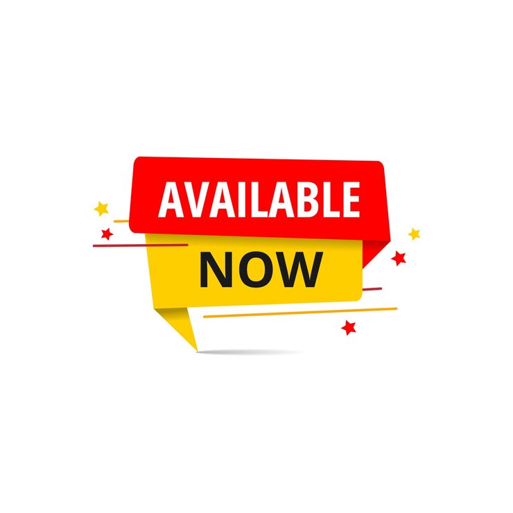 Available now announcement vector banner speech bubble design in red and yellow