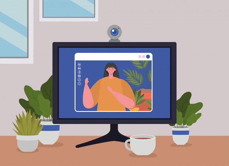 Vector avatar wanita di komputer dalam obrolan video