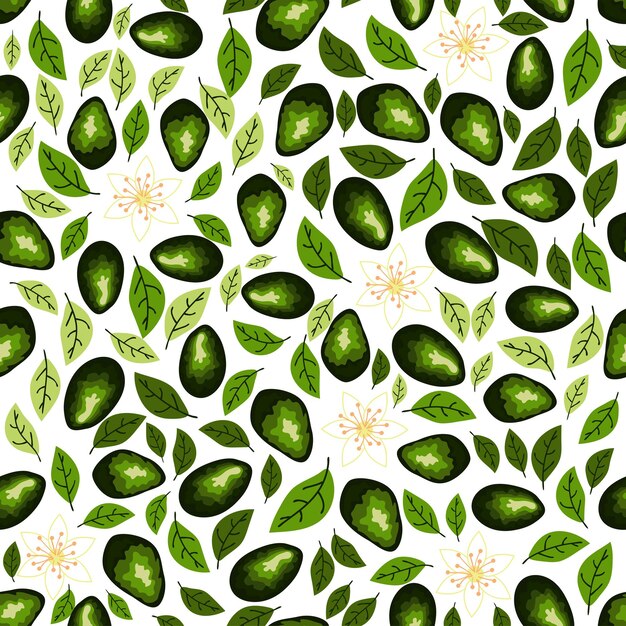 Avocado seamless pattern Whole and sliced avocado with leaves and flowers