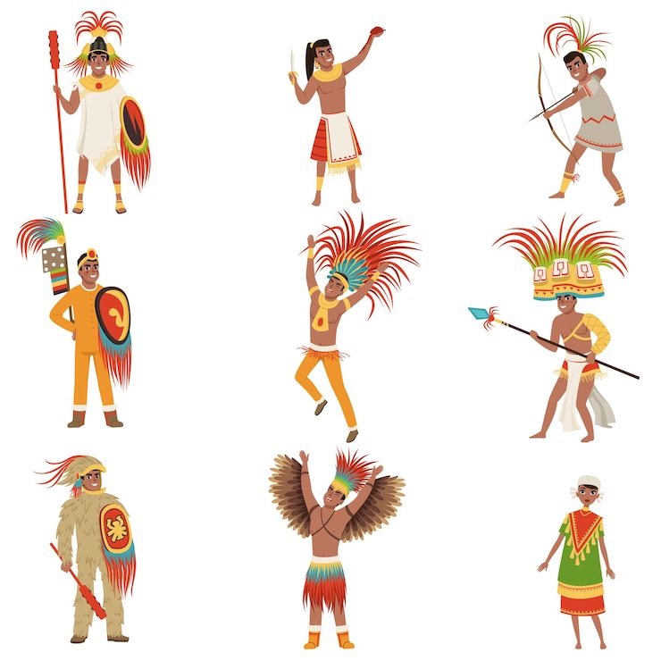 Vector aztec warriors set men in traditional clothes and headgear with weapon vector illustrations isolated on a white background