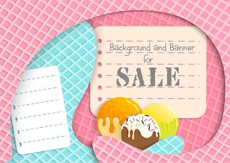 Background and banner Waffle cones and paper cut ice cream vector