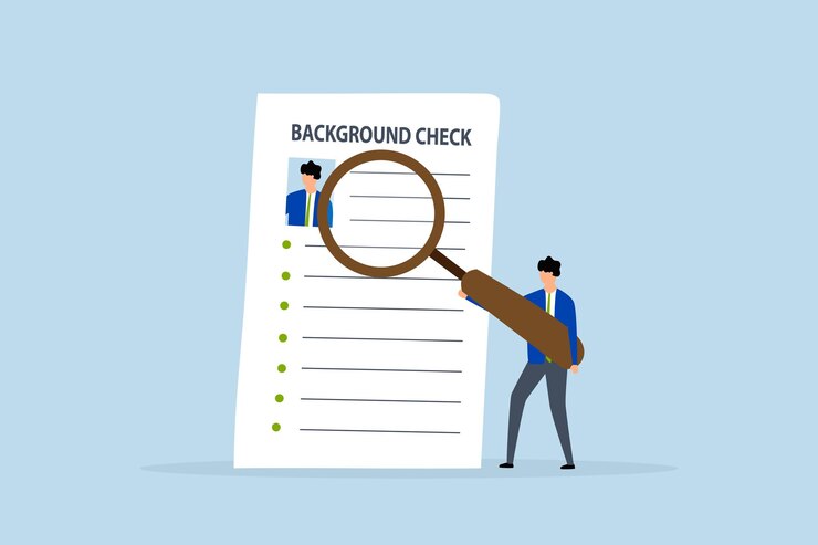 Vector background check for employment investigator using a magnifying glass examining the candidate docum
