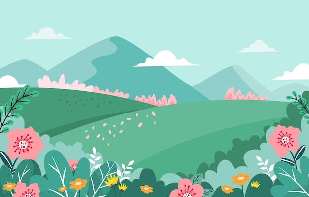 Background of Spring Scenery with Field and Mountain