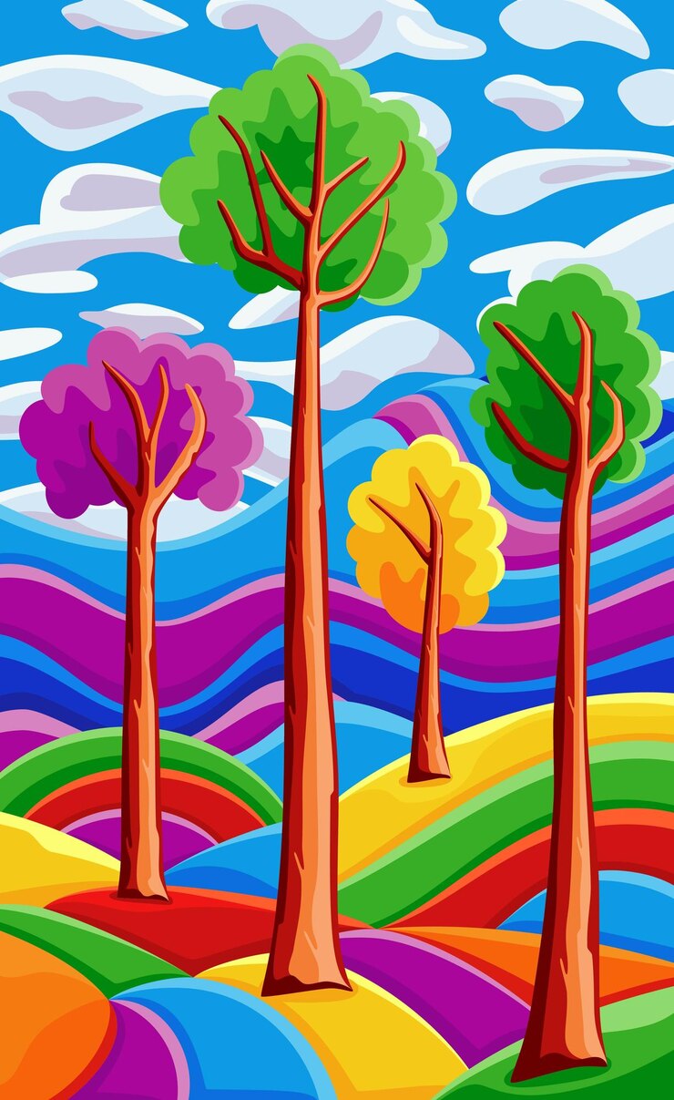 Vector background with beautiful landscape with trees mountains hills bright color blue sky with clouds vec