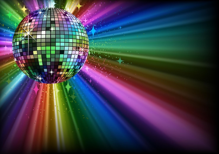 Vector background with disco ball with bright rays as a theme for night party or dance entertainment