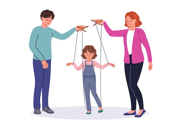 bad parents manipulate child using strings of puppeteers to raise unhappy daughter