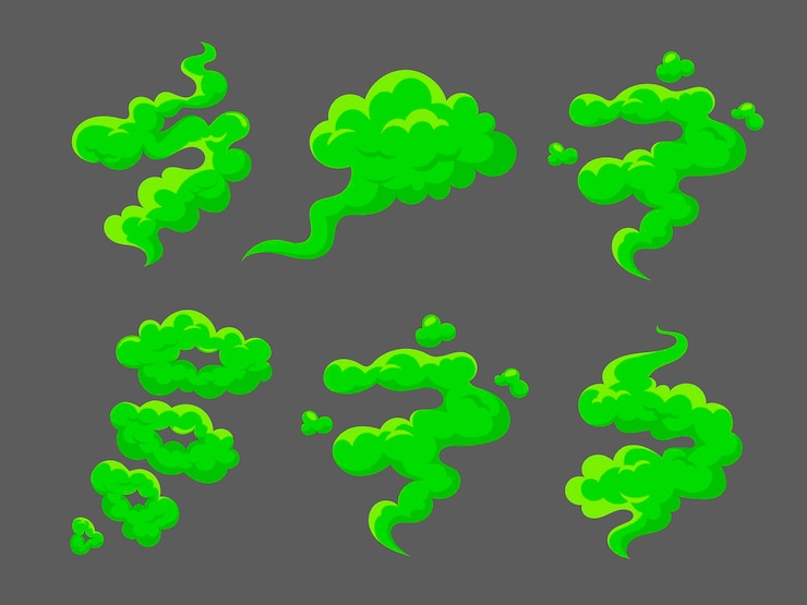 Vector bad smell fart set green smelly toxic clouds in cartoon style comic smoke collection illustration of