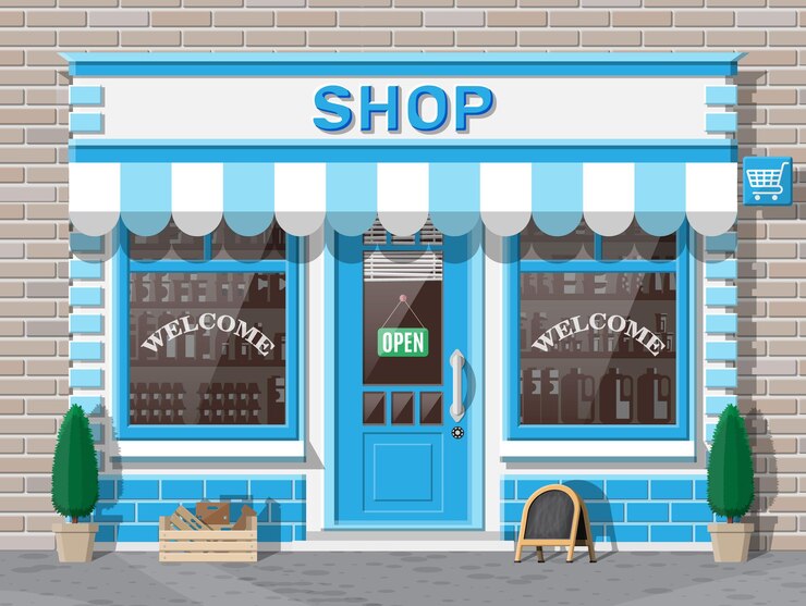Vector bagian depan toko kosong dengan jendela dan pintu. fasad kayu dan bata. etalase kaca butik. eksterior toko bergaya eropa kecil. komersial, properti, pasar atau supermarket. ilustrasi vektor datar