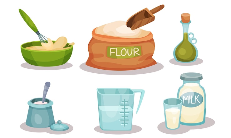 Vector bahan-bahan untuk membuat kue dalam gaya kartun, set ikon makanan vektor, koleksi objek datar volume