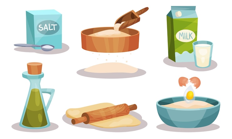 Vector bahan-bahan untuk membuat kue dalam gaya kartun, set ikon makanan vektor, koleksi objek datar volume