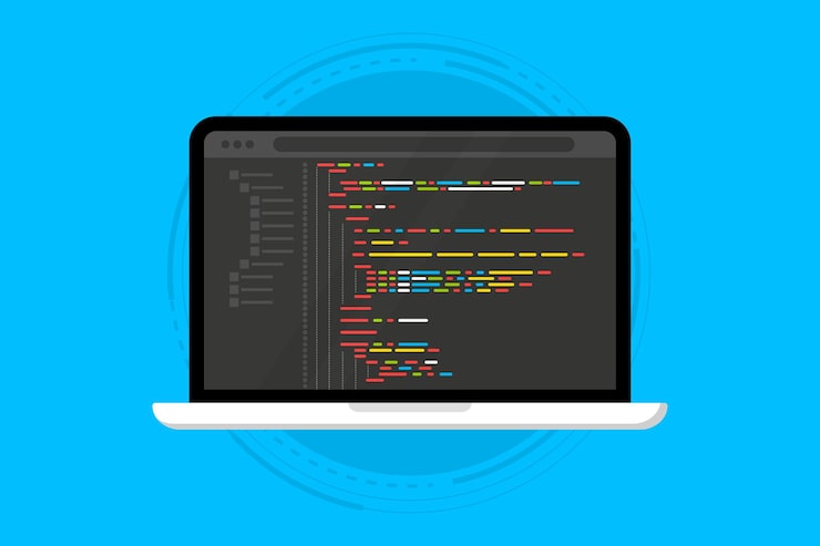 Vector bahasa pemrograman dan kode program di laptop layar pemrograman pengkodean php html c css
