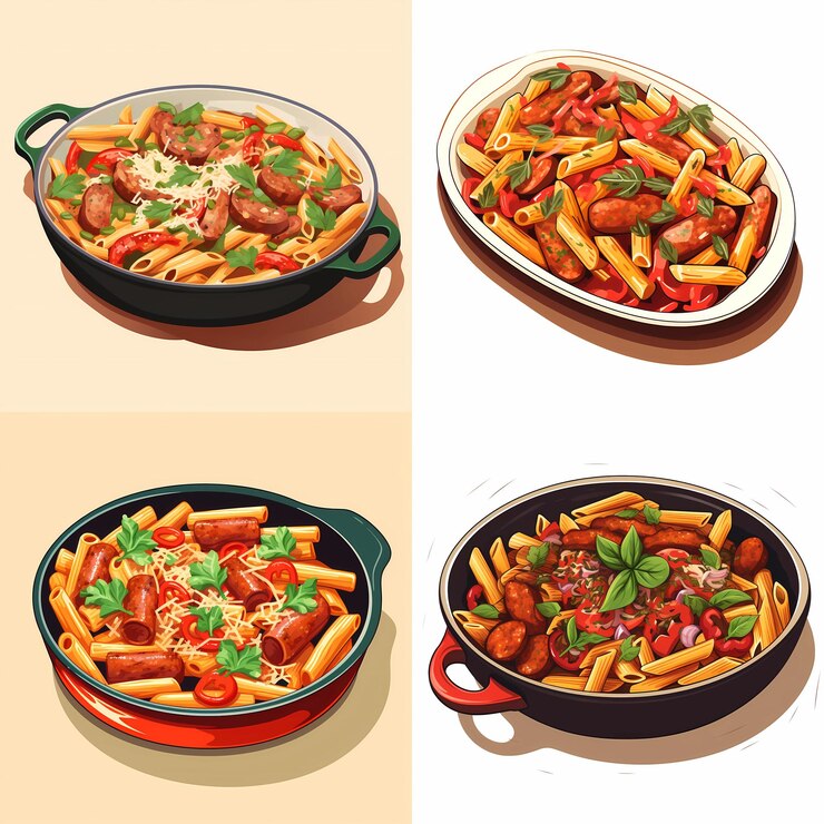 Vector baked penne pasta with sausage and peppers