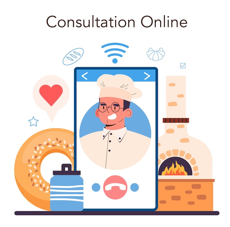 Vector baker online service or platform. chef in the uniform baking bread. bakery worker cooking pastries goods. online consultation. flat vector illustration