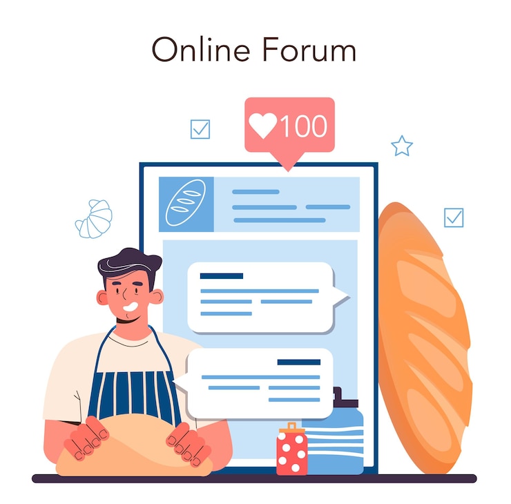 Vector baker online service or platform. chef in the uniform baking bread. bakery worker cooking pastries goods. online forum. flat vector illustration