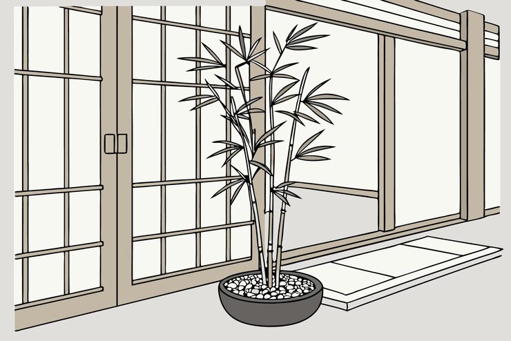 Vector bamboo plant in a pot near sliding doors