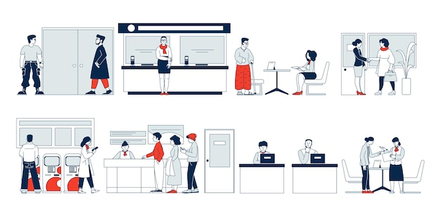 Bank clients service Flat banking client security and reception desk People in office financial consulting Professional consultant recent vector set