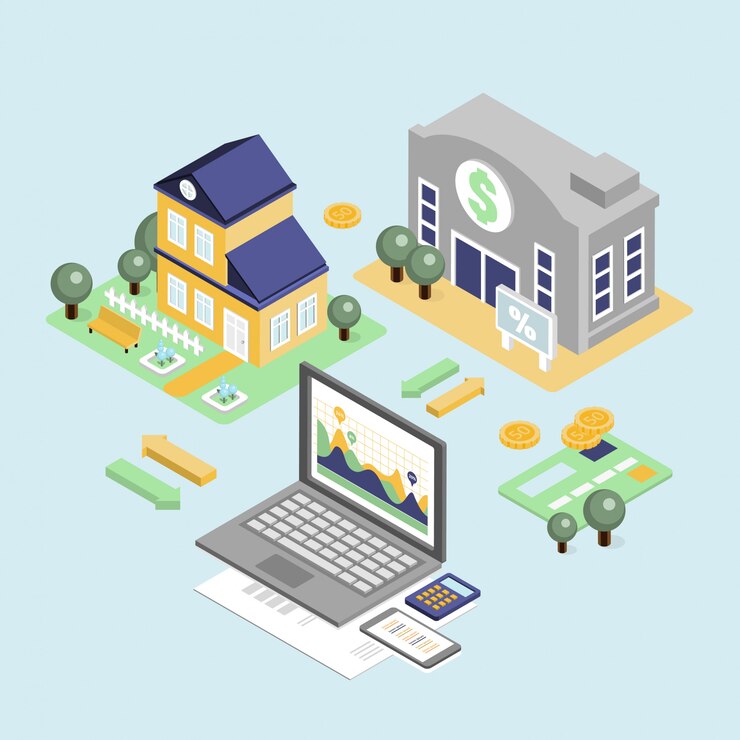 Vector bank credit and home loan concept with isometric house