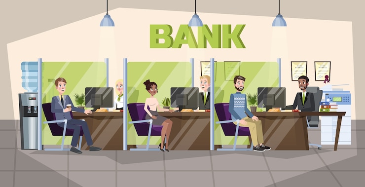 Bank office interior. People make financial operations