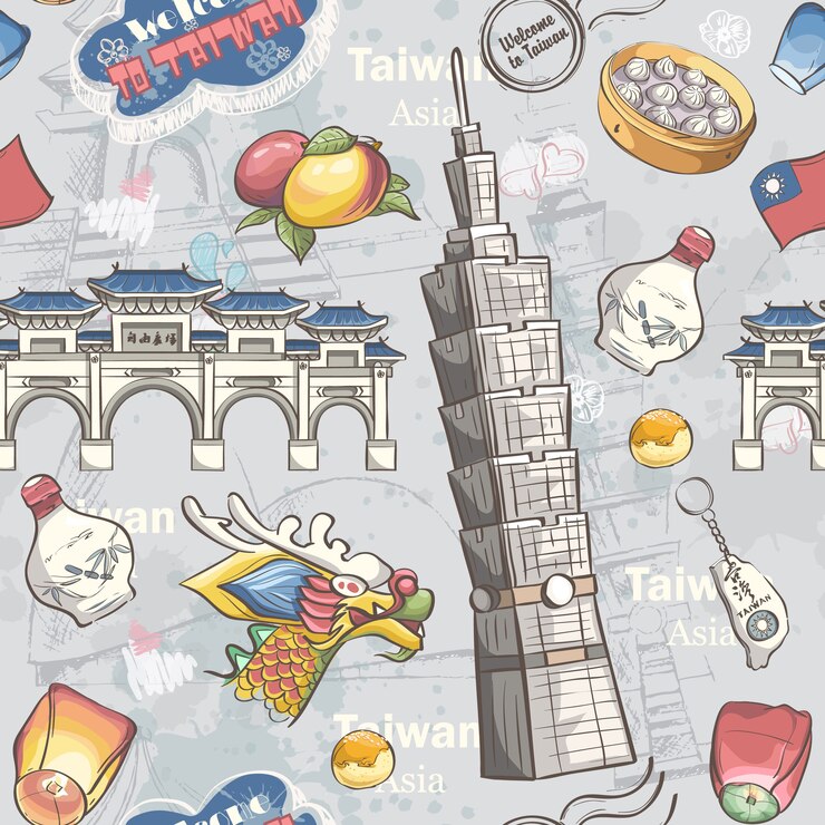 Vector banner dengan makanan, barang, dan pemandangan tradisional taiwan