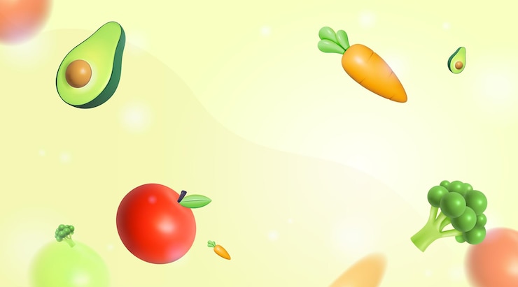 Vector banner falling vegetables 3d set vector 3d of carrot avocado broccoli apple fresh vegetable