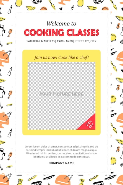 Banner, flyer with invitation to cooking classes with chef. Poster with info about culinary courses