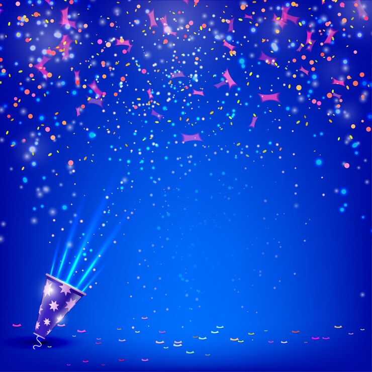Banner for your holiday with confetti and streamers on a blue background. 