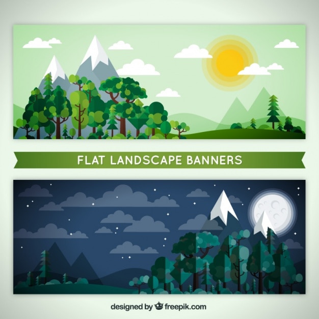 Vector banner lanskap waktu malam dan siang hari dalam desain datar