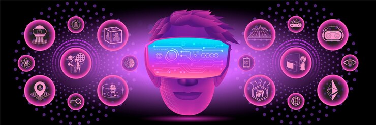 Vector banner of metaverse technology concept. a head use vr virtual reality goggle and metaverse icons