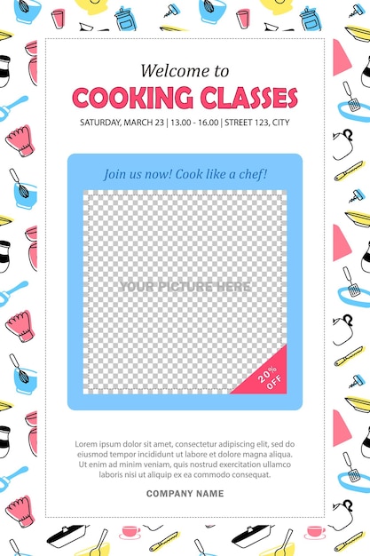 Banner or leaflet with invitation to cooking classes, chef school. Flyer with culinary course info