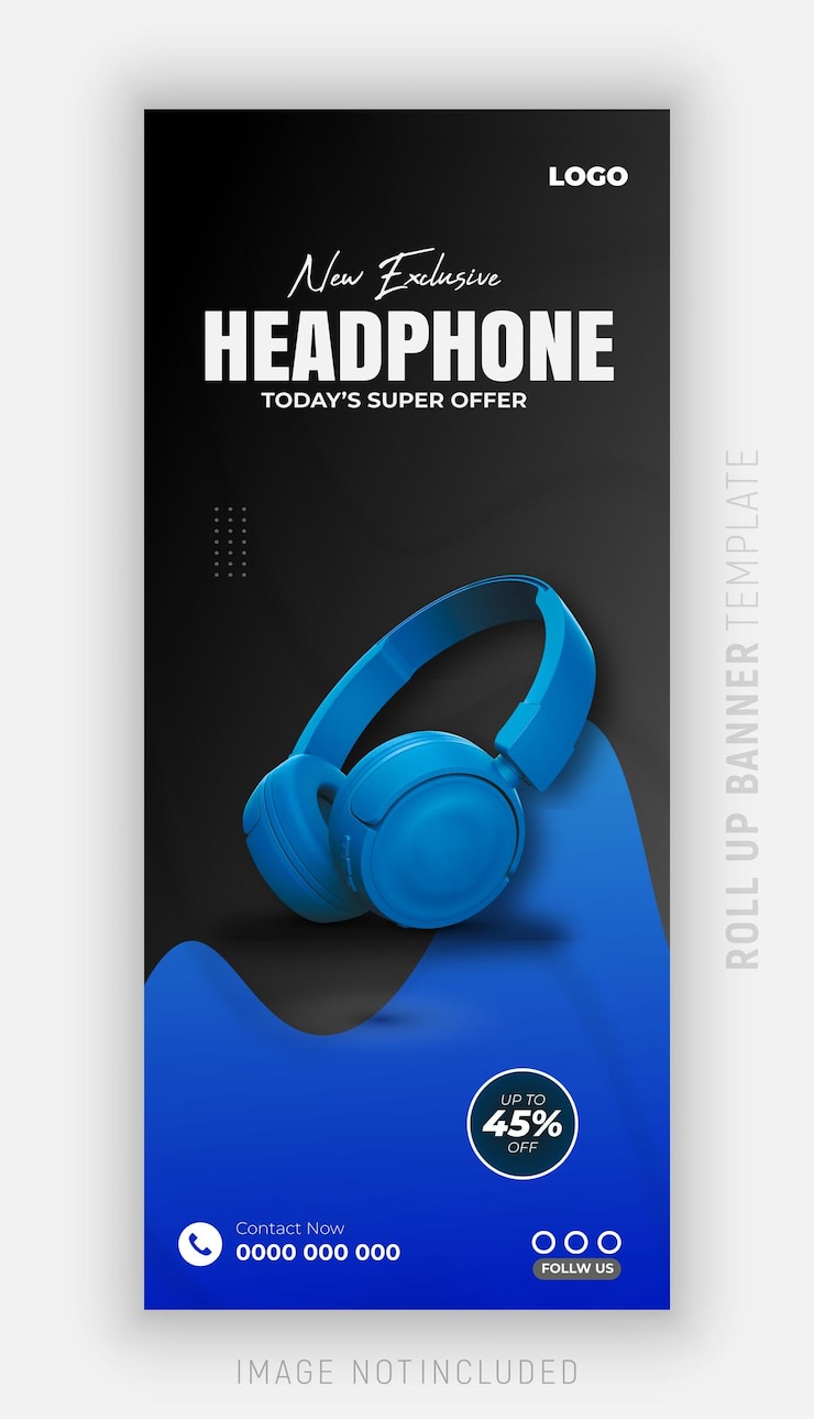 Vector banner roll up produk merek headphone dan templat posting promosi perangkat