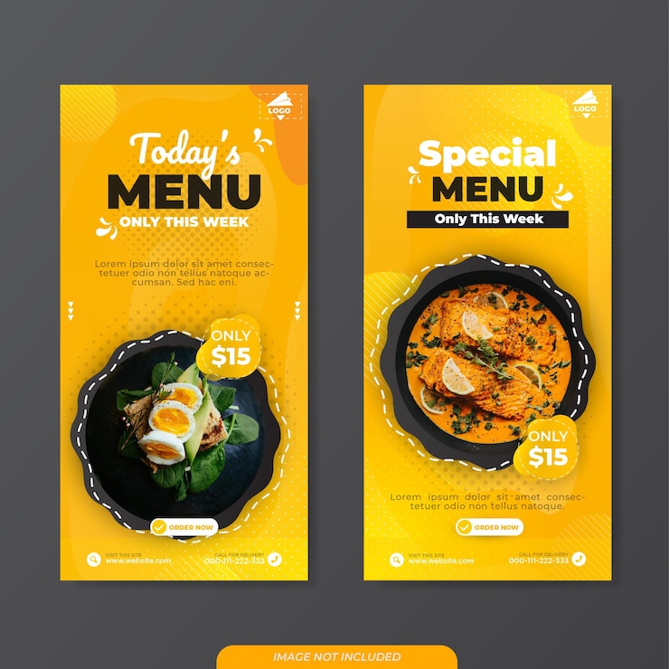 Vector banner template of food menu for social media post with liquid background
