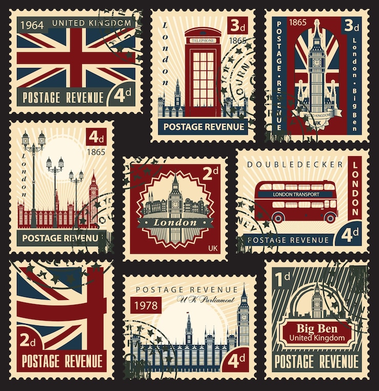 Vector banner with set of british post stamps