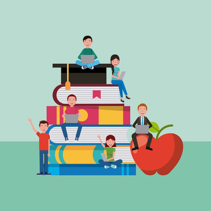 Vector banyak siswa yang duduk di atas tumpukan buku