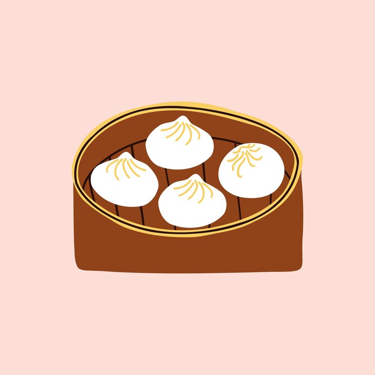 Baozi dumplings  in a bamboo steamer hand drawn vector illustration in flat style