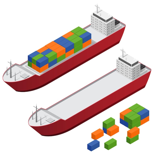 Barge Ship Set and Part Set Color Freight Containers Isometric View.
