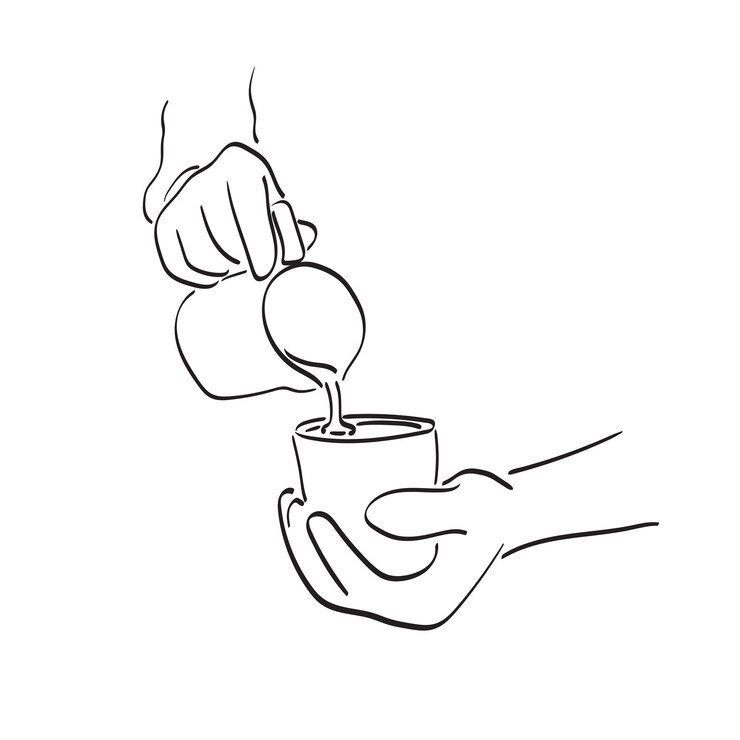 Barista pouring milk on coffee to make latte art illustration vector hand drawn