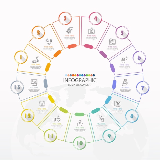 Basic circle infographic template with 13 steps, process or options, process chart, Used for process diagram, presentations, workflow layout, flow chart, infograph. Vector eps10 illustration.