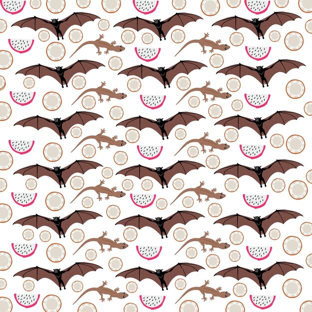 bat and lizard with fruit as a pattern background