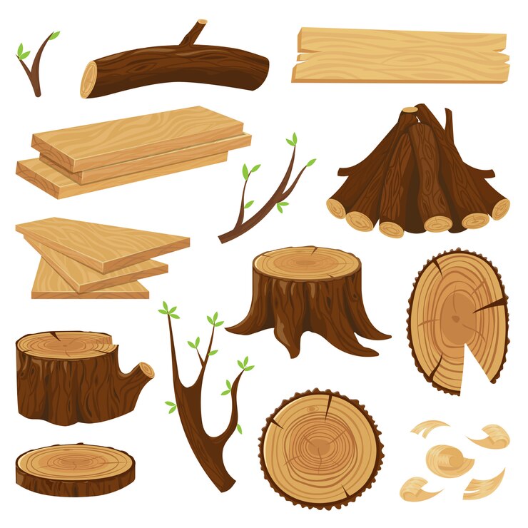 Vector batang kayu timber. set terisolasi kayu bakar yang ditumpuk, batang pohon penebangan kayu, dan tumpukan kayu gelondongan